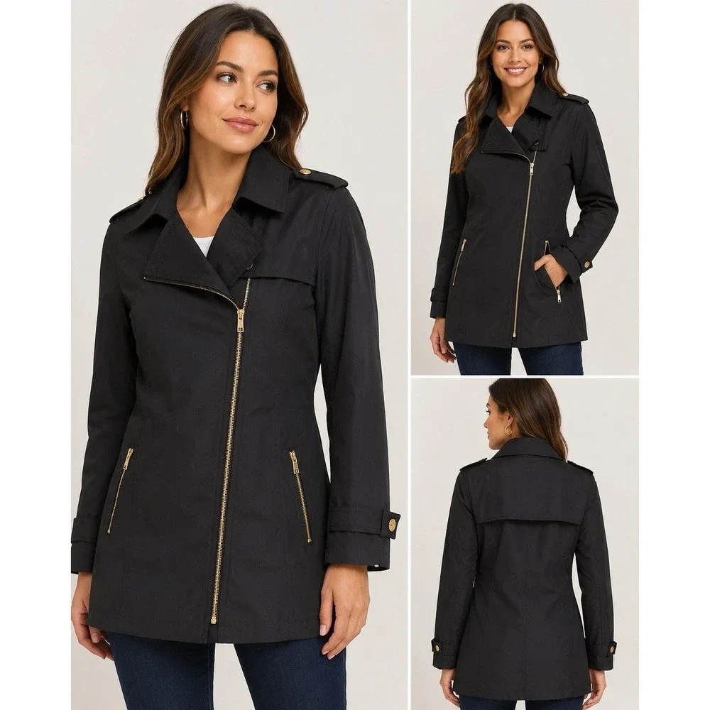 Michael Kors Black Asymmetrical Zip Trench Rain Jacket Women's L Missing Belt